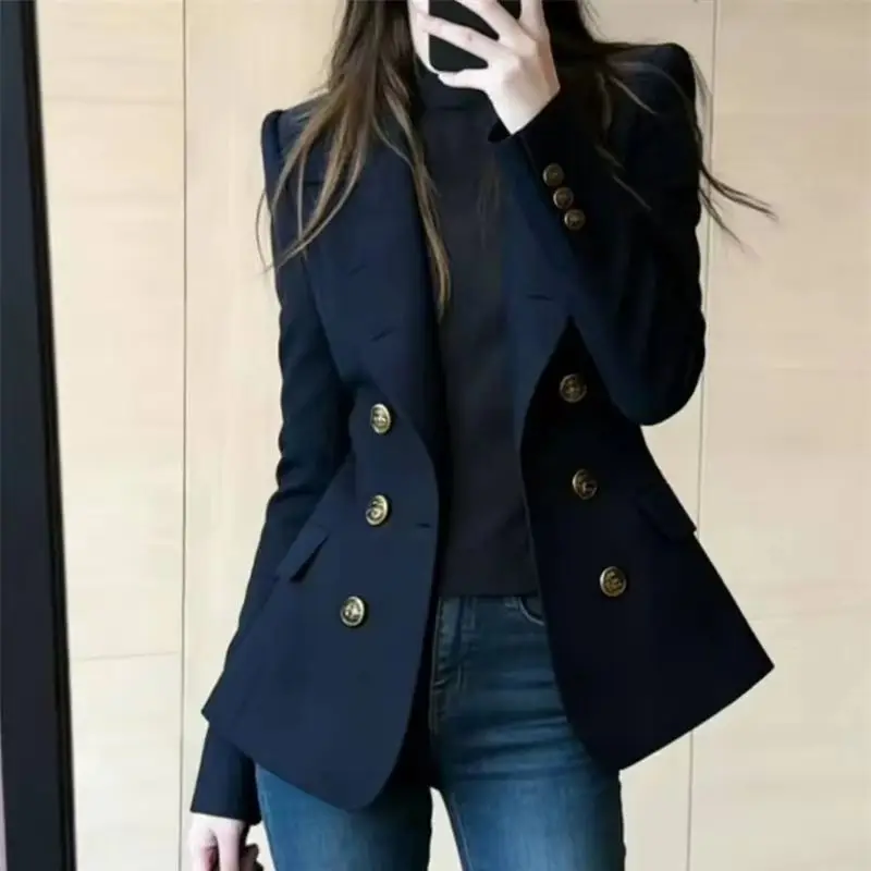 Navy Blue High-end French Double Row Suit Jacket for Women 2026 Spring and Autumn New Slim fit Commuting Suit Solid Color Top WF