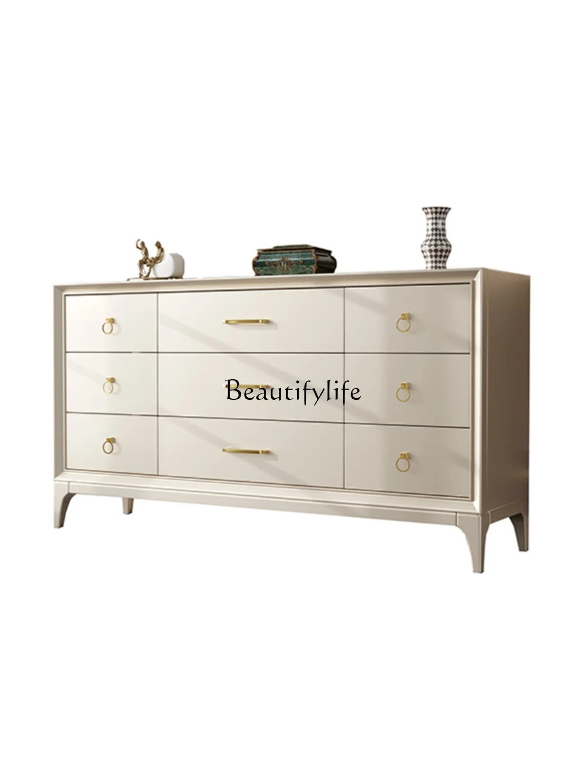 

American-Style Solid Wood TV Bench for Bedroom Champagne Silver Paint Storage Multi-Drawer Cabinet