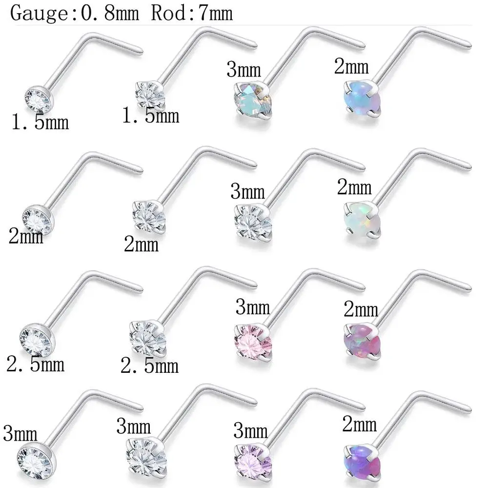 1/16Pcs Set 316L Surgical Stainless Steel L Shaped Corkscrew Straight Opal Diamond CZ Nose Rings Studs Nostril Piercing Jewelry