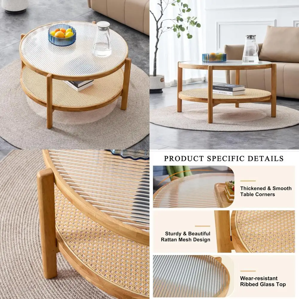 

Mid Century Modern Glass Top Coffee Table with Rattan Storage Shelf, 35 Inch Round Bohemian Style 2-Tier Solid Wood