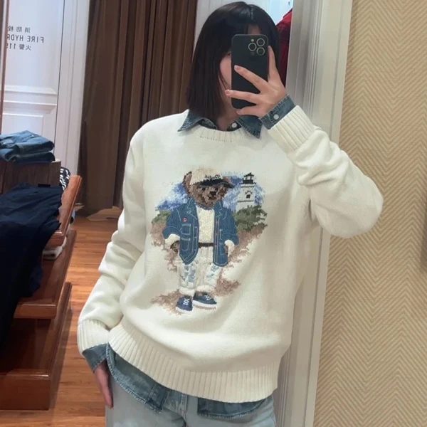 

Свободный крой вязаный шерстяной свитер круглый Ne повседневный хлопковый свитер с мультяшным принтом медведя мужской осенне-зимний удобный свитер