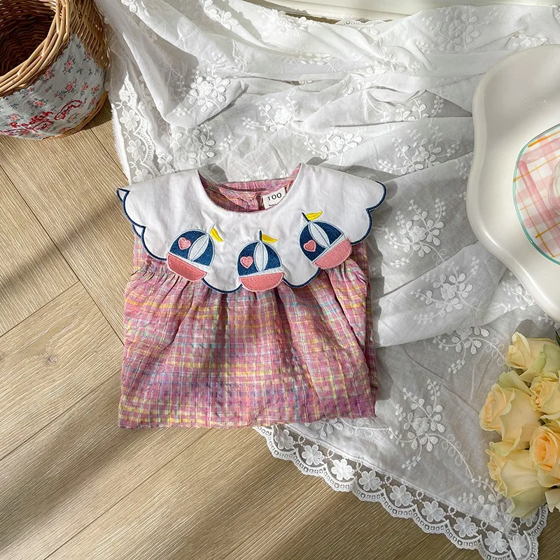 Navy Sailboat Embroidered Bear Kids Girls 2024 New Dresses for Girls Baby Summer Dress Casual Soft Girl Clothes Design Vestidos