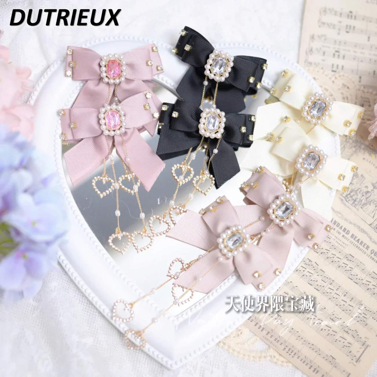 Japanese Handmade Square Diamond Love Pearl Chain Barrettes Sweet Tassel Bow Barrettes Side Clip Mass-Produced Headdress Girls