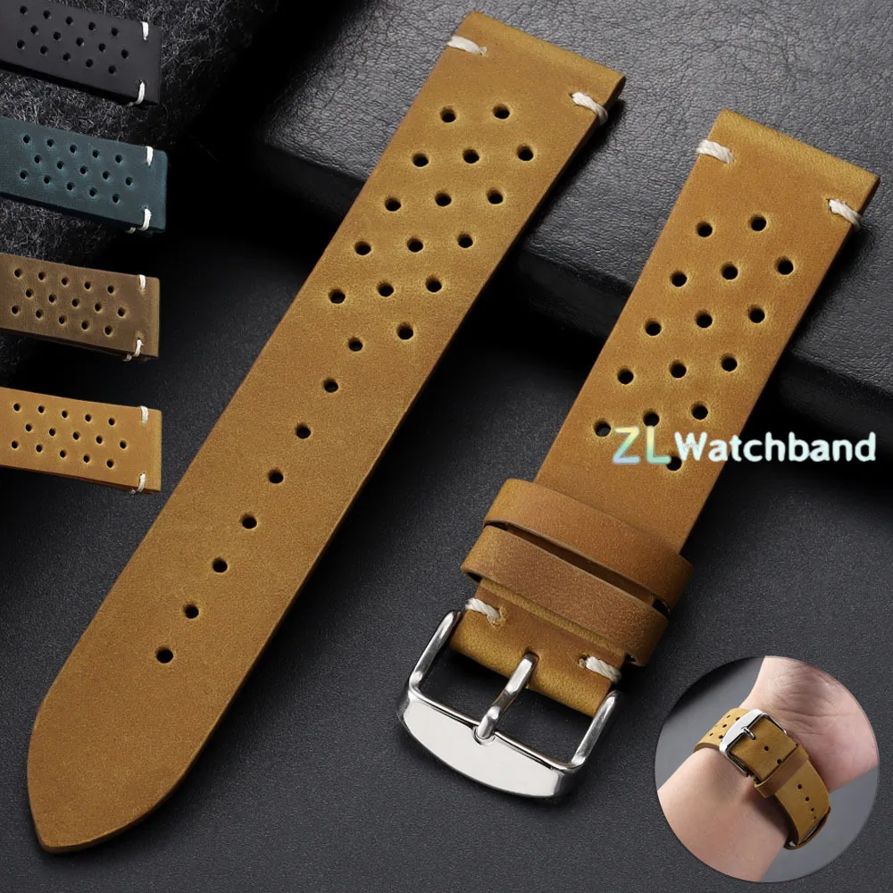 Premium Vintage Genuine Leather Watchband 18mm 19mm 20mm 21mm 22mm 24mm Porous Breathable Watch Strap Replacement Bands for Men