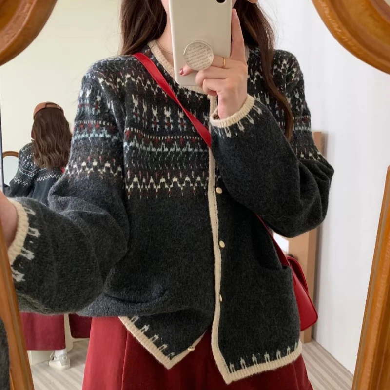 

2024 Fair Island Vintage Knitted Cardigan women Autumn Winter Loose Temperament Sweater Coat Jacquard Casual Knitwear Tops 2024