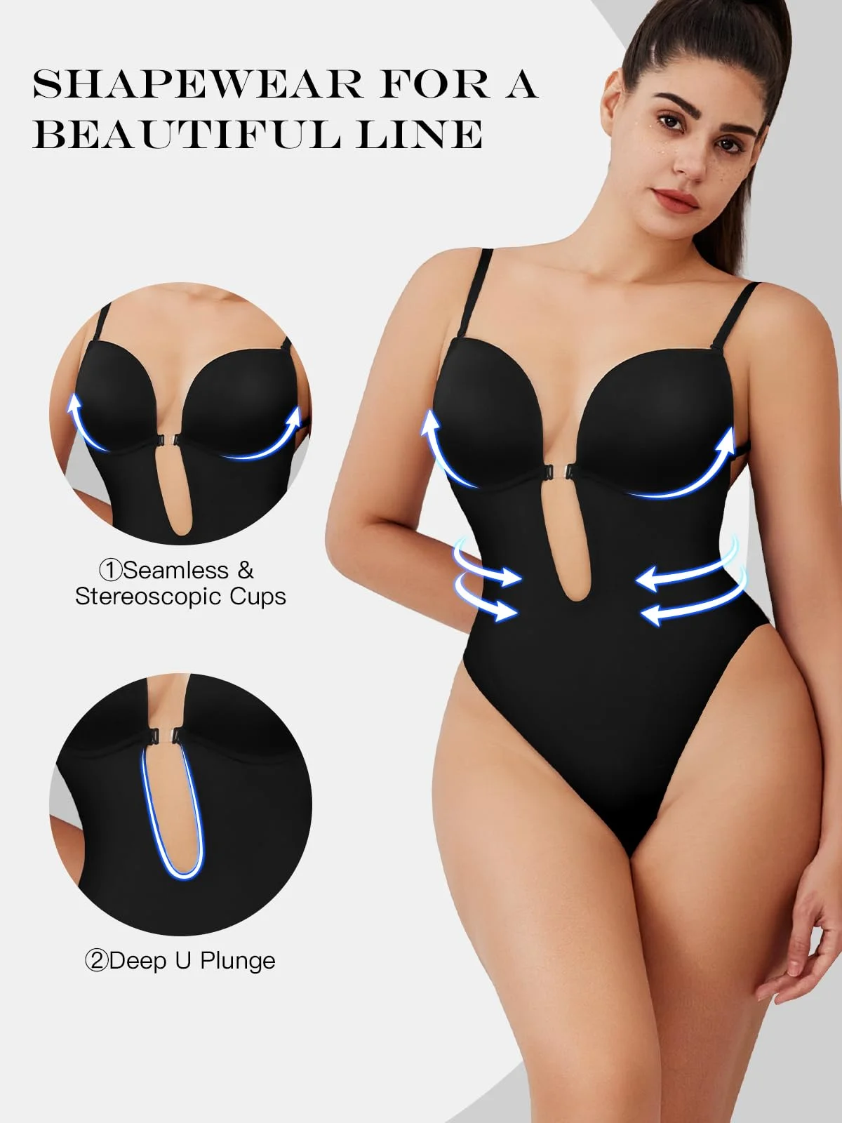 Decorus Shapewear Backless Bodysuit Plunge: Low back Shaper Invisible Women Build in bra open-back bodysuits is suitable for comfortable everyday wear. It fits under any type of clothing