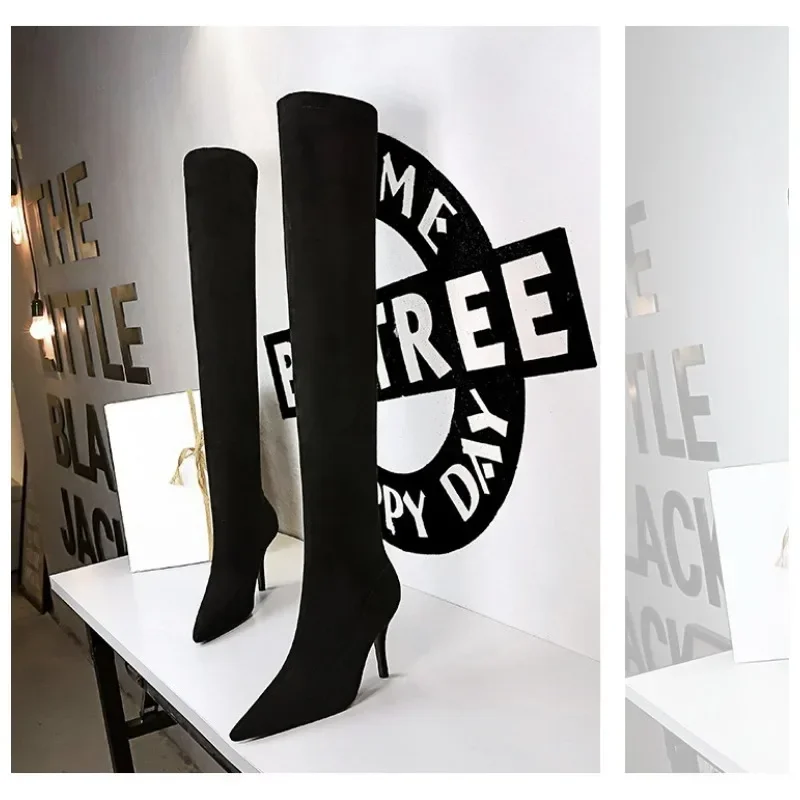 BIGTREE Shoes Suede Sexy Over-the-Knee Boots Black Plush Warm Women Winter Boots 9.5CM Thin High Heel Boots Long Plus Size 42 43