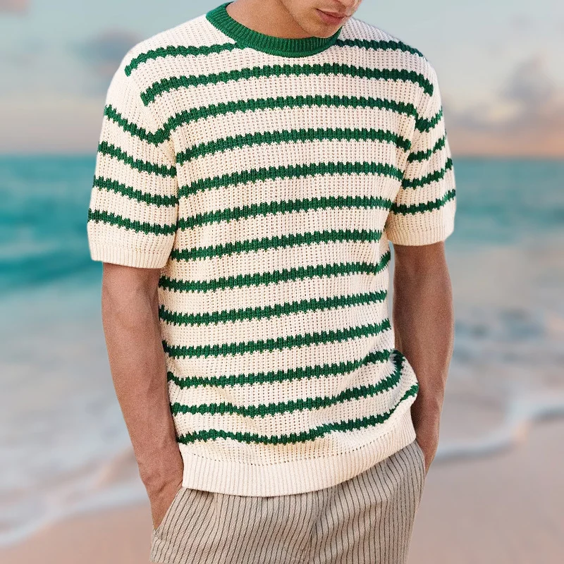 Vintage Holiday Style Striped Tees Pullover Men Clothing Casual 2024 Short Sleeve Knitted Shirts Fashion O-Neck T Shirt Tops