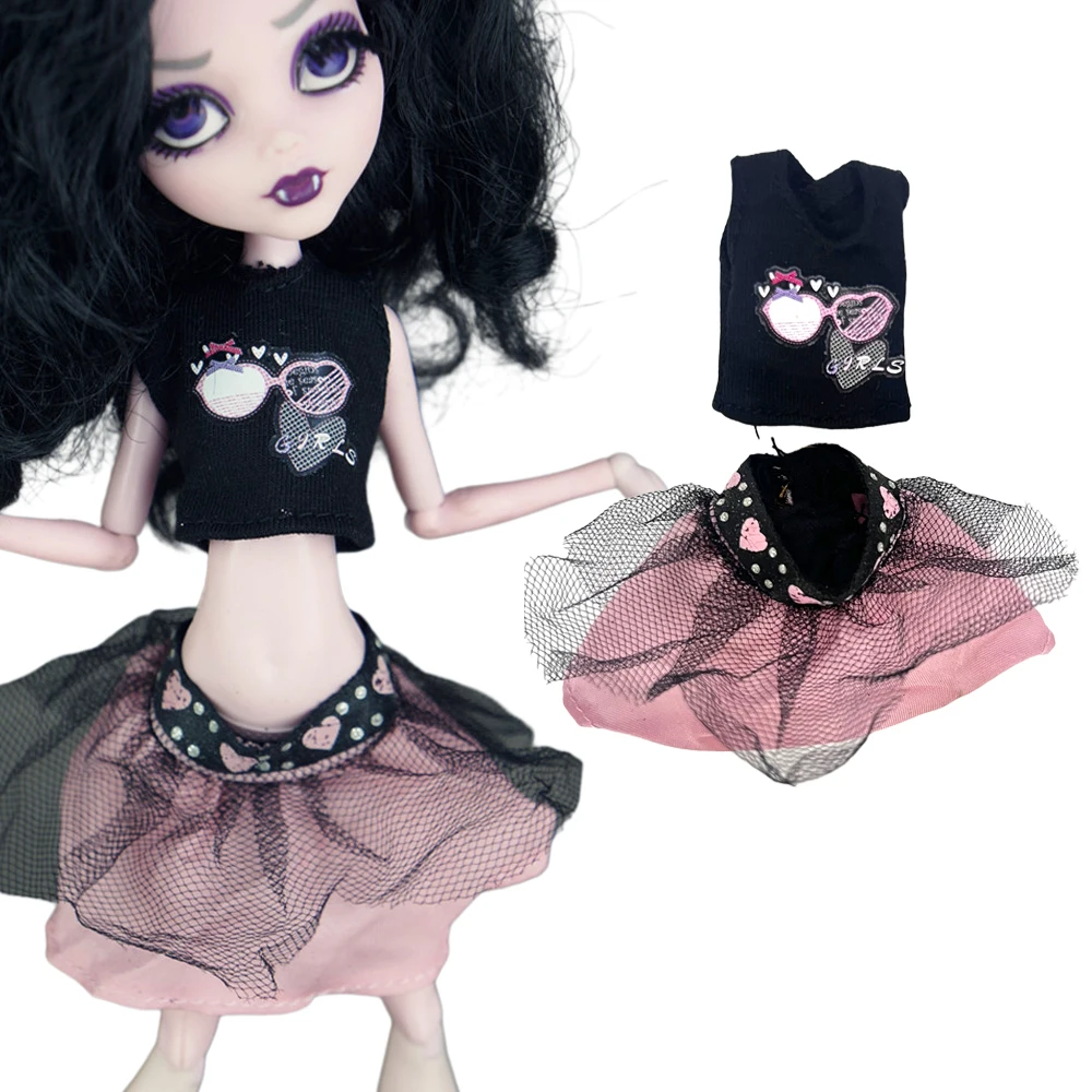 

NK Official 1 Set Clothes For 1/6 Doll High Doll Street Style Dress: Black Top + Pink Skirt Clothes