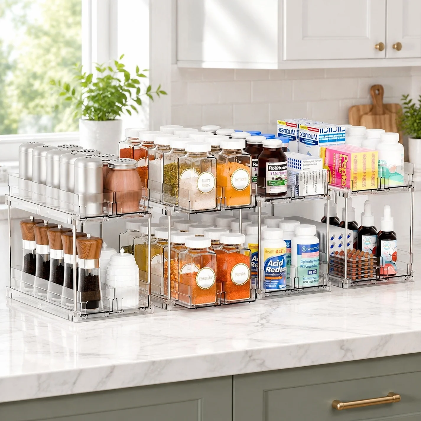 2 Tier Sliding Spice Racks for Cabinets,4 Pack 10.4'' Deep Narrow Vertical Spice Rack Pull Out for Inside