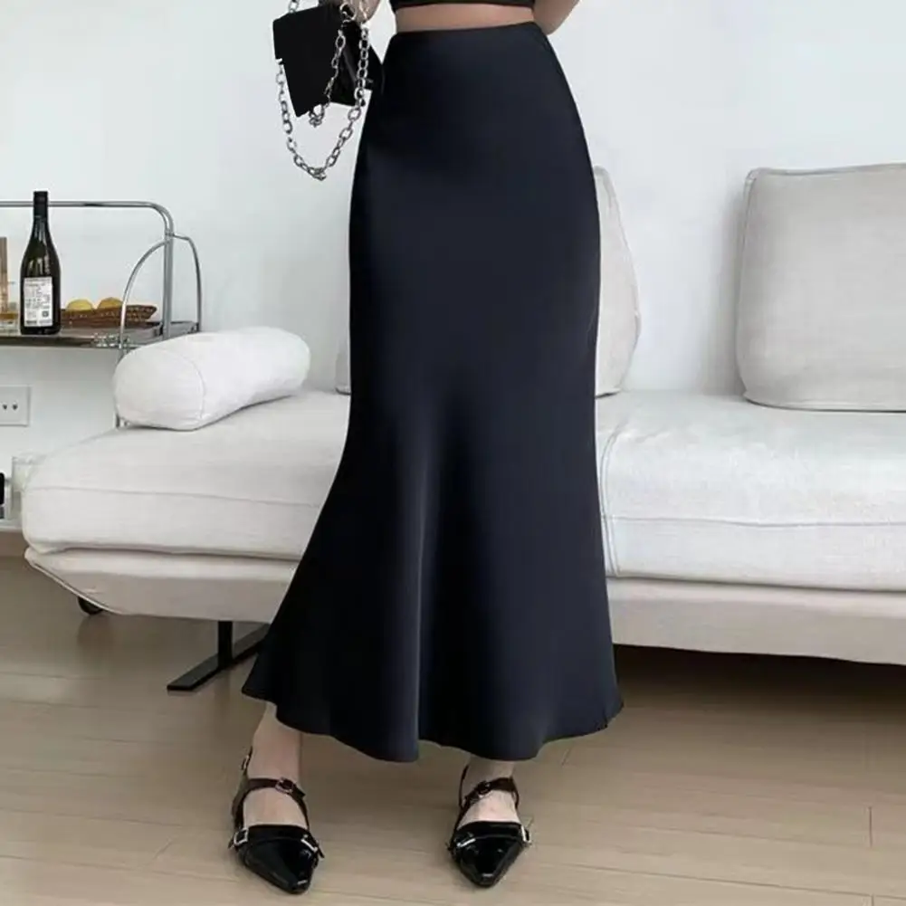 

Women Fishtail Skirt High Waist Fishtail Hem Maxi Skirt Solid Color Retro Satin Texture Hip Wrapped Skirt