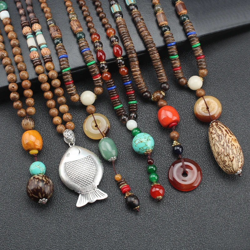 Wooden Beads Bodhi Safety Buckle Sweater Chain Pendants Ethnic Style Men Women Buddhist Beads Long Necklaces Fashion Jewelry