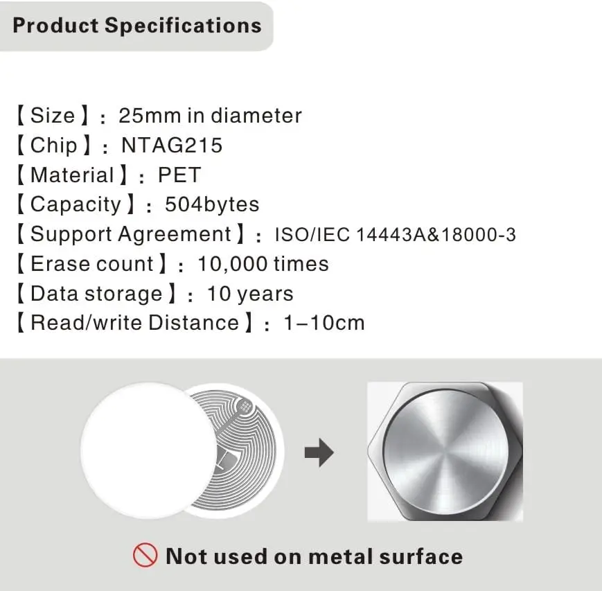 Imagem -03 - Tags Nfc Programáveis Compatível com Android e Iphone Smart ic Card Adesivo Nfc 215 504 Bytes Memória 1356 Mhz 1000 Pcs