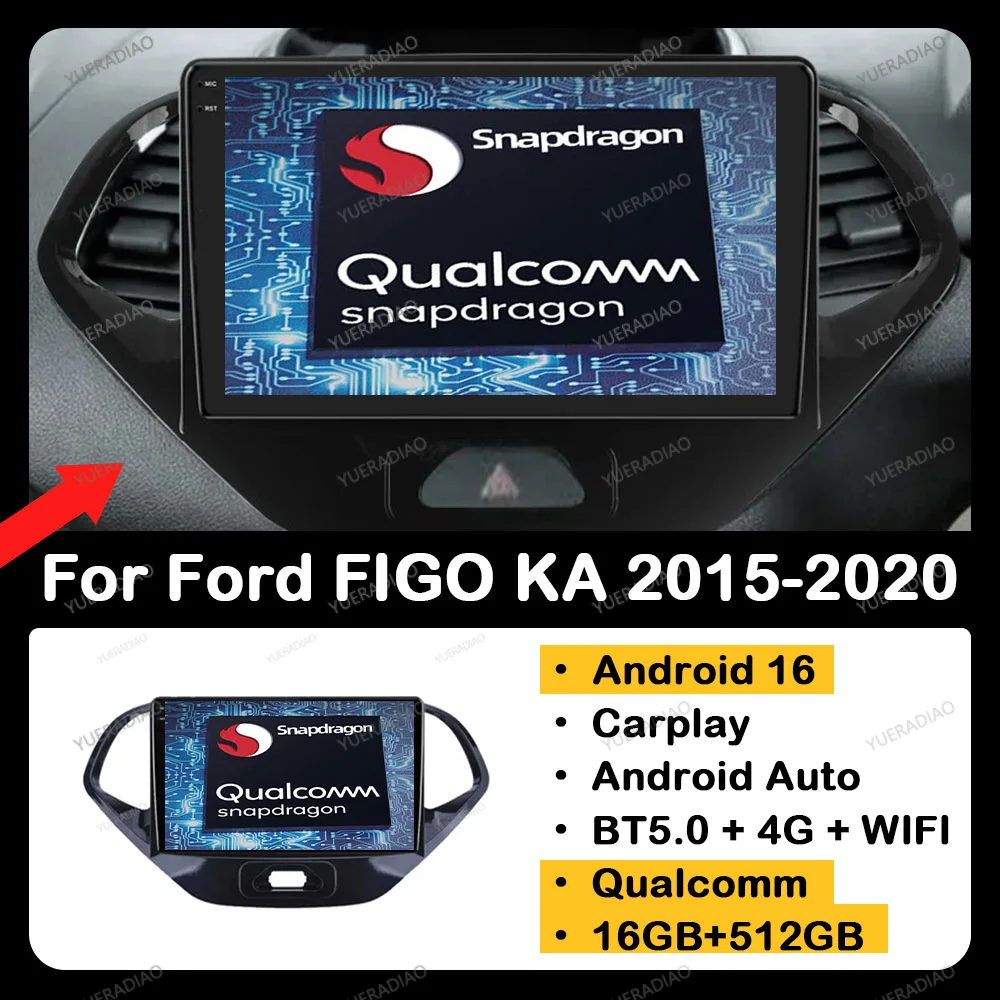 Android 16 Carplay Auto para Ford FIGO KA 2015 2016 2017 2018 2019 2020 Qualcomm BT 4G LTE 5G WIFI QLED GPS NAVI Unidad Principal 2DIN