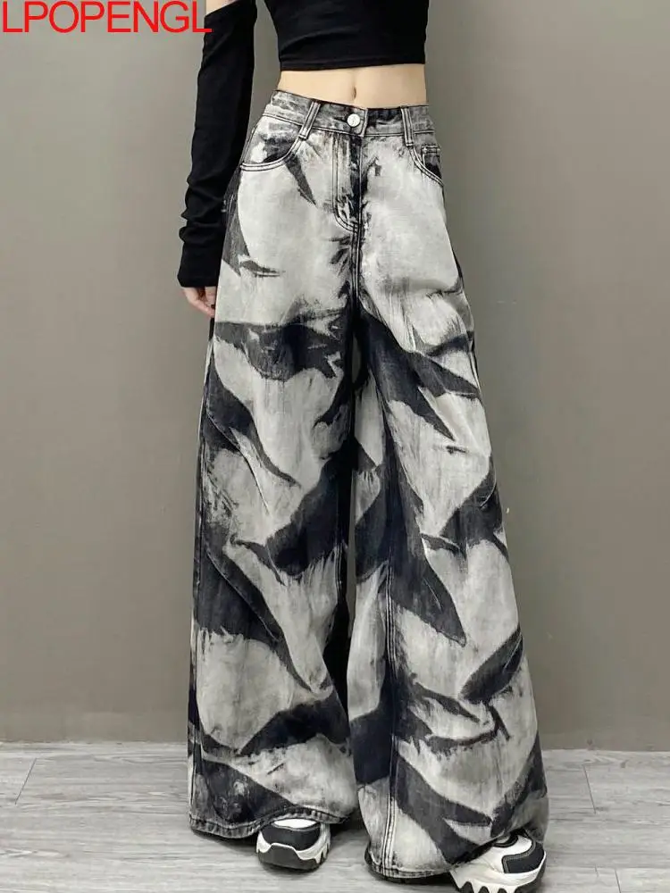 

Woman American Loose Retro Wide Leg Tie Dye Drape Pants New High Waisted Summer Punk Style Black And White Color Blocking Jeans