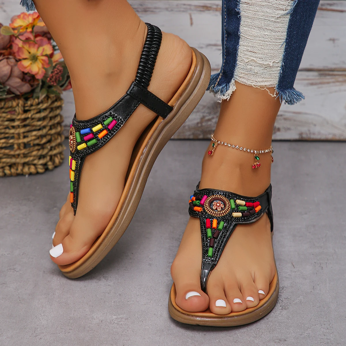 Clip Toe Bohemia Sandals for Woman 2024 Summer Flat Heels Colorful Beaded Beach Flip Flops Women Non-Slip Rome Shoes Sandalias