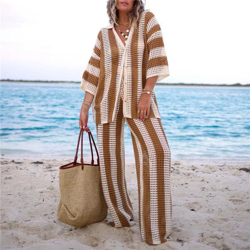 

Fashion Knitted Crochet Women Two Piece Set Beachwear Striped Hollow Out Crop Top And Wide Leg Pants Holiday Matching Suits