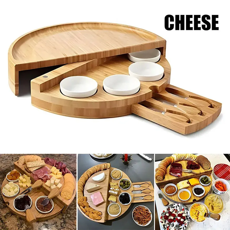 Antibacterial Wood Cheese Board High Temperature Resistant Steak Plate Knife Fork Camping Plate Food Tray With Slide Out Drawer