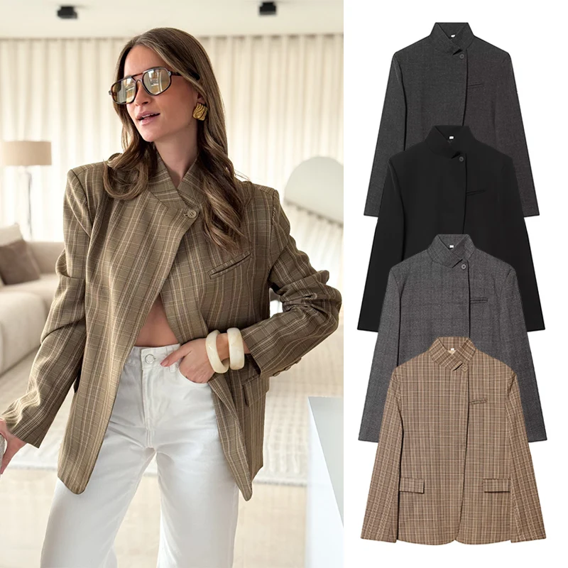 Blazer décontracté chic pour femme, coupe irrégulière à carreaux, gris foncé, nouvelle collection printemps 2026