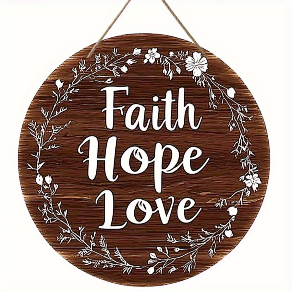 2D Flat, 8 Inch Round Artificial Wood Sign, Faith Hope Love Floral Wreath, Church Home Cafe Decor, Wedding Mother's Day Gift