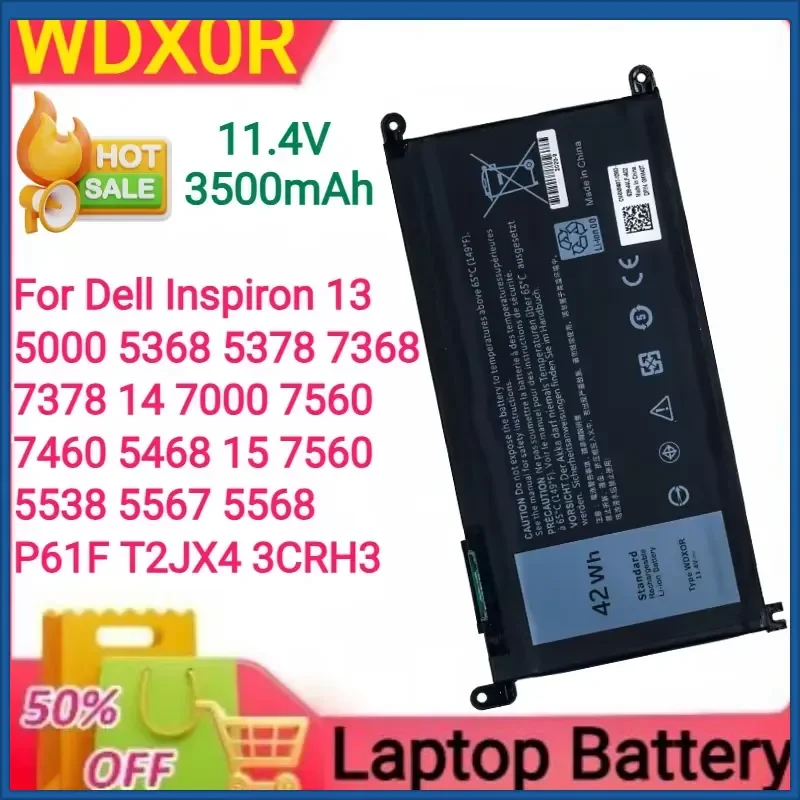 11.4V 3500mAh WDX0R for Dell Inspiron 13 5000 5368 5378 7368 7378 14 7000 7560 7460 5468 15 7560 5538 5567 5568 P61F T2JX4