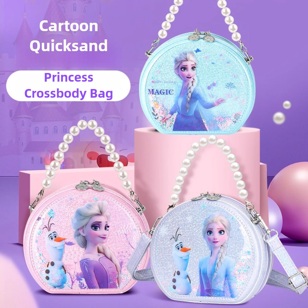 

Disney Frozen Elsa Princess Quicksand Crossbody Bag Cute Cartoon Pearl Handle Round Girls Shoulder Bag Fashion Party Show Gifts