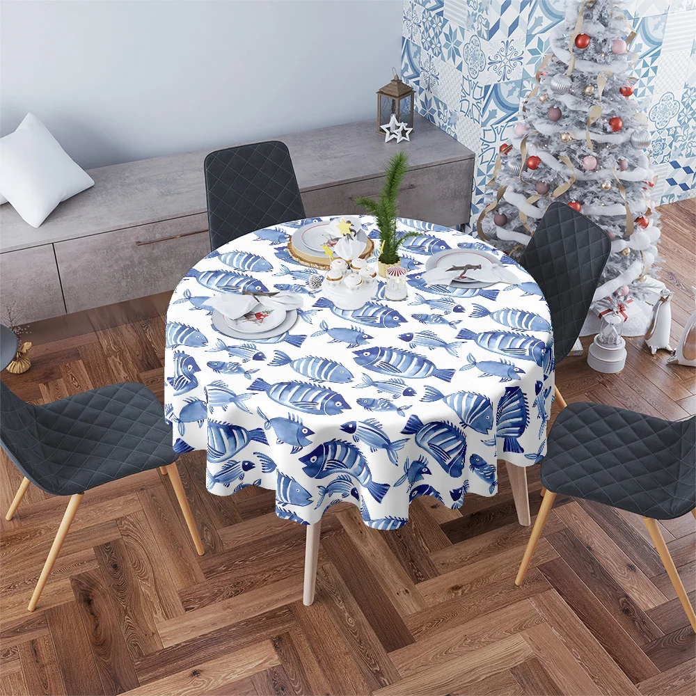 Blue and white watercolor fish group round tablecloth - Mediterranean breeze table cover