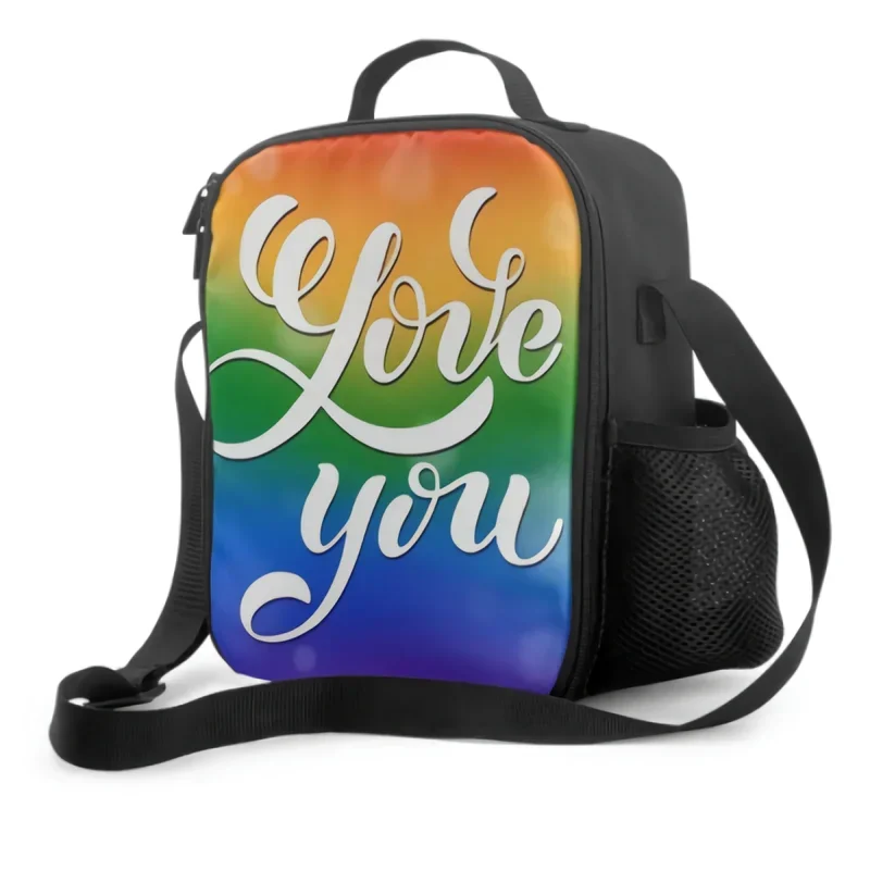 Lancheira isolada Tote com fundo Rainbow Stripe, te amo Lettering Containers, piquenique para escola e escritório