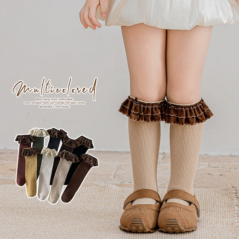 Cute Kids Retro Korean Style Solid Color Long Slouch Socks With Double Layer Large Lace Ruffle Trim Soft Elastic Stackable Socks