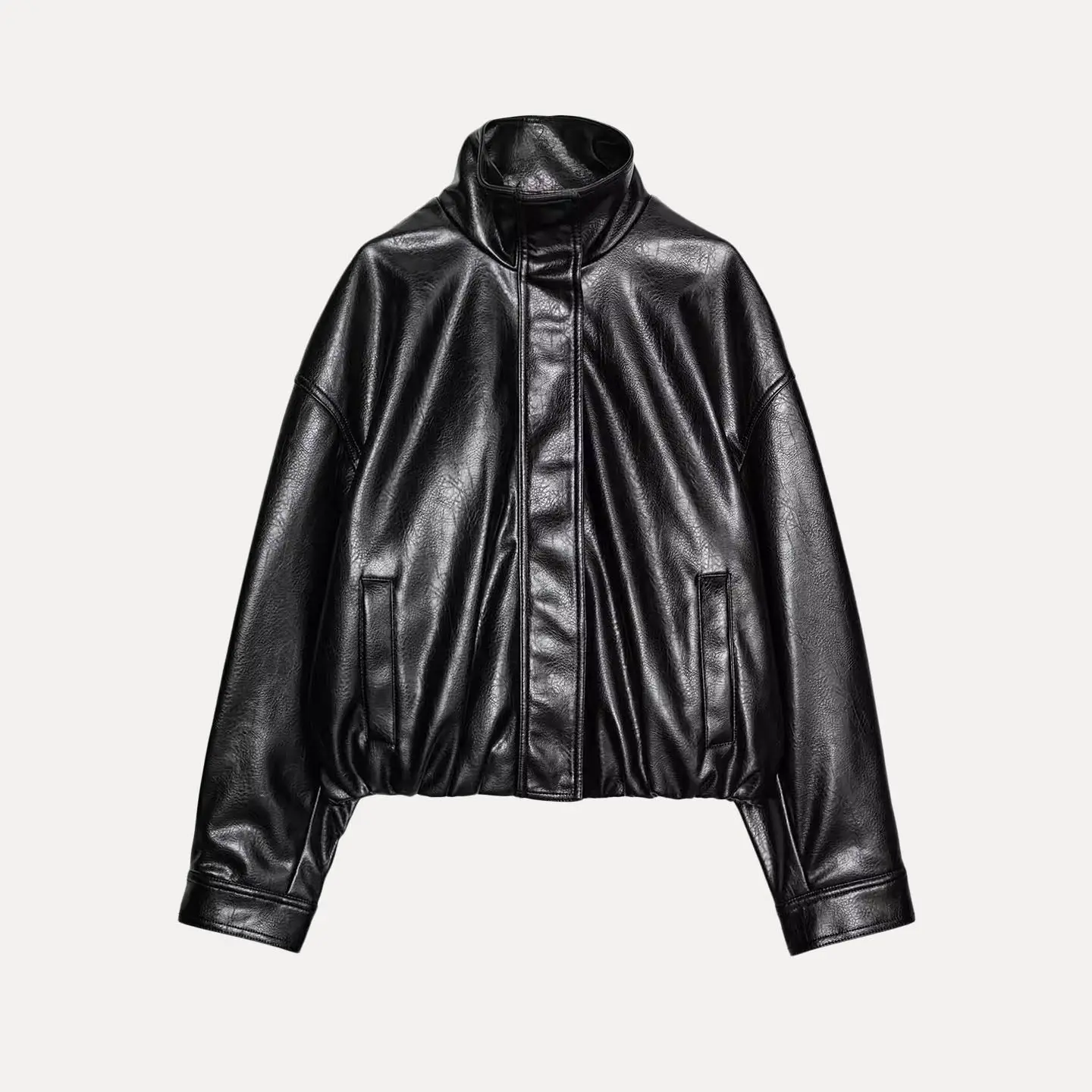 เสื้อโค้ทผู้หญิงแฟชั่นฤดูหนาว คอสูง แขนยาว ทรงหลวม สไตล์สตรีท  แบบมีซิป  วัสดุหนัง