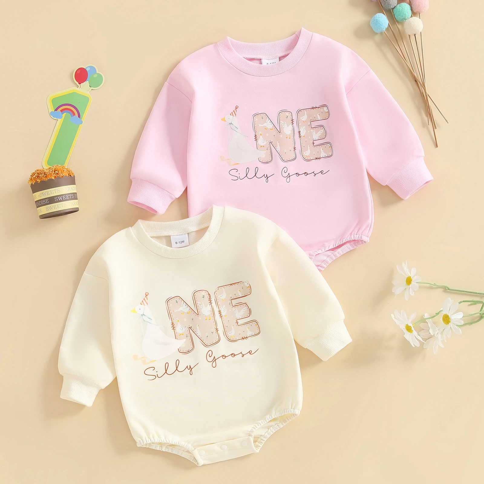 

My First Birthday Baby Sweatshirt Romper Animal Letter Print Long Sleeve Round Neck Bubble Jumpsuit
