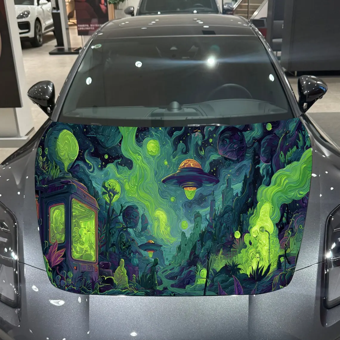 Green Art Ghost Fire and UFOs Car Hood Vinyl Stickers Car Surface Protection Decal Car Decoration Cover Vinyl Wraps Waterproof S
