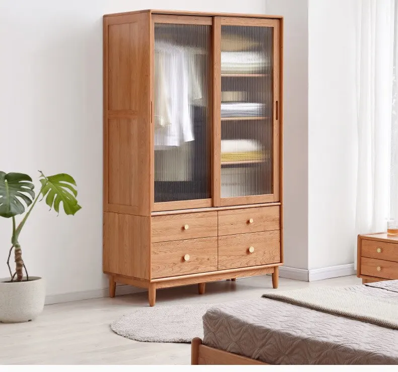 Solid wood wardrobe apartment rental sliding door small household