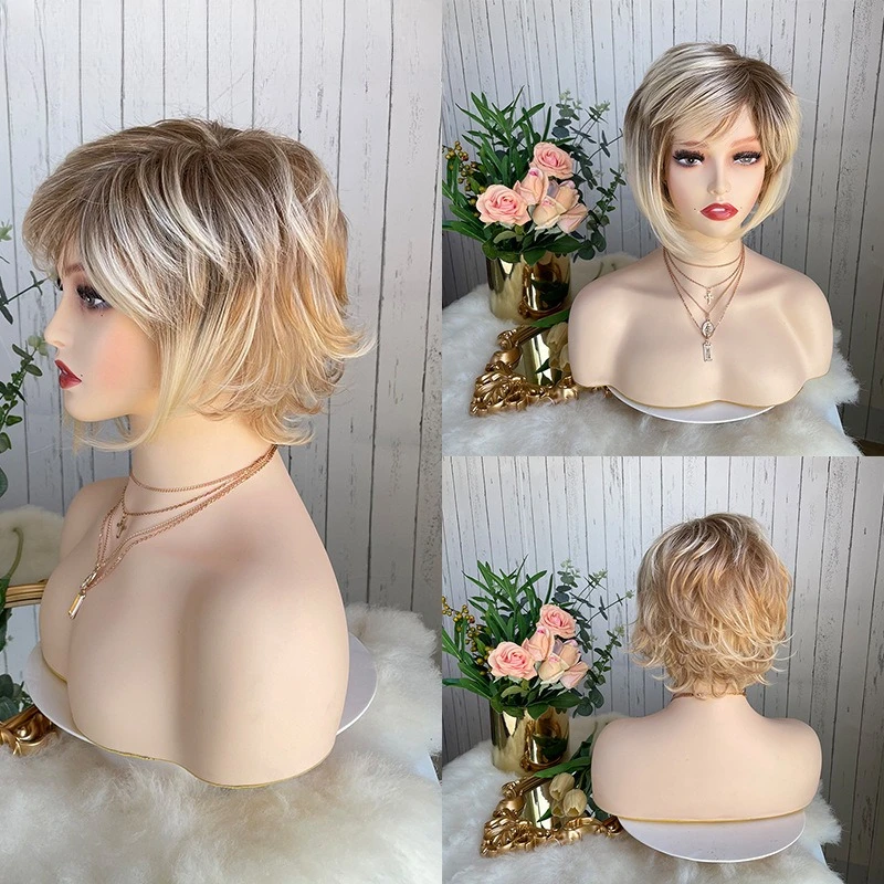 

European and American fashion chemical fiber high temperature silk gold brown short curly hair partial natural wig women's headg