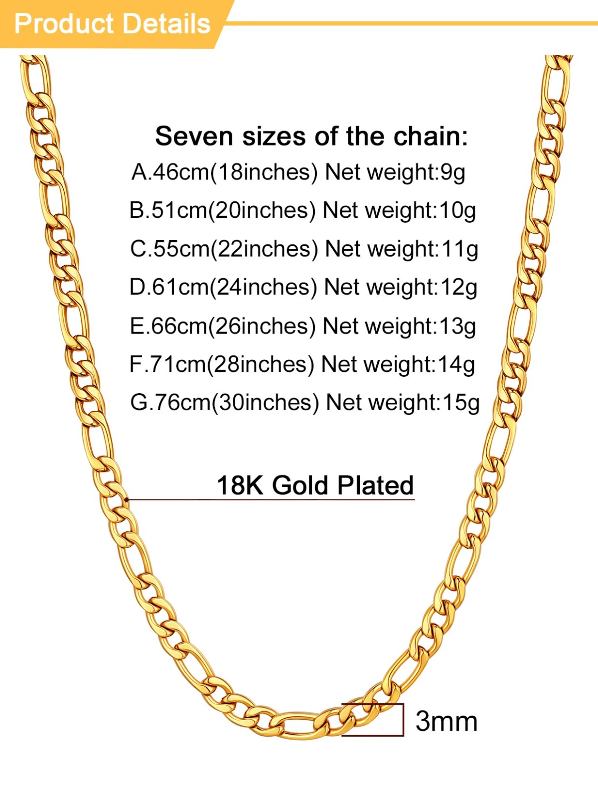 U7 3mm Figaro Chain Necklace for Man Woman 18k Gold Color Black Stainless Steel Italian Basic Stackable Simple Daily Jewelry