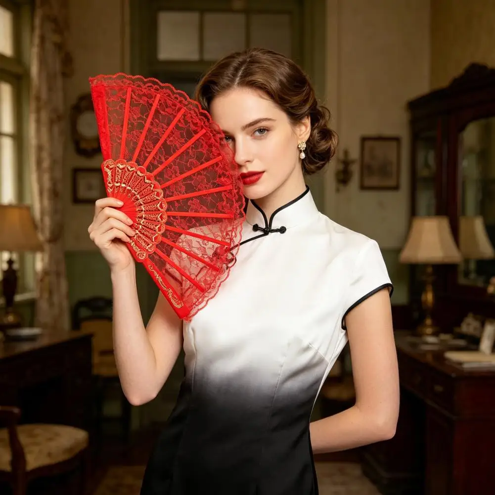 Retro Handheld Fan Retro Floral Lace Folding Fan Hand Held Summer Fan Wedding Party Bride Accessory Portable Dance Performance