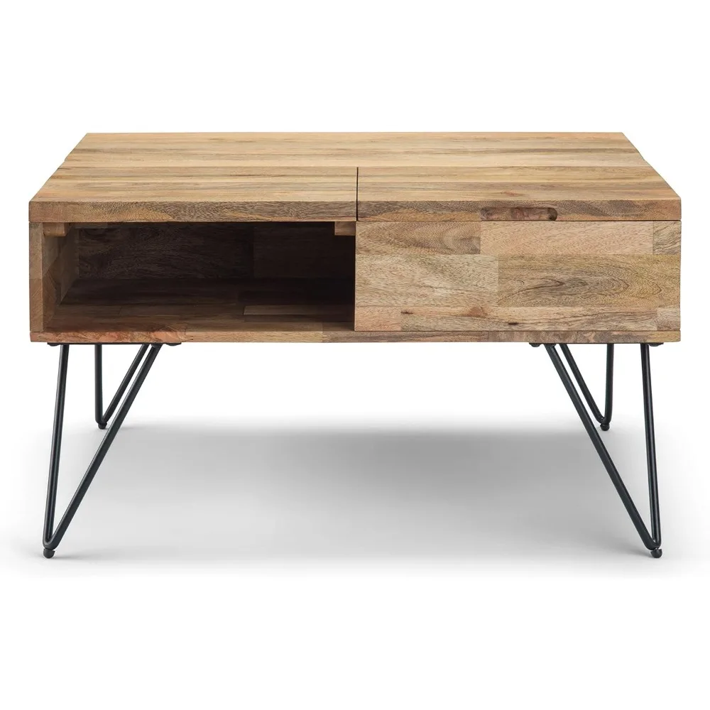 โลหะ 32 นิ้ว Wide Square Industrial Contemporary Lift Top Coffee Table สีธรรมชาติ สําหรับห้องนั่งเล่นและห้องครอบครัว