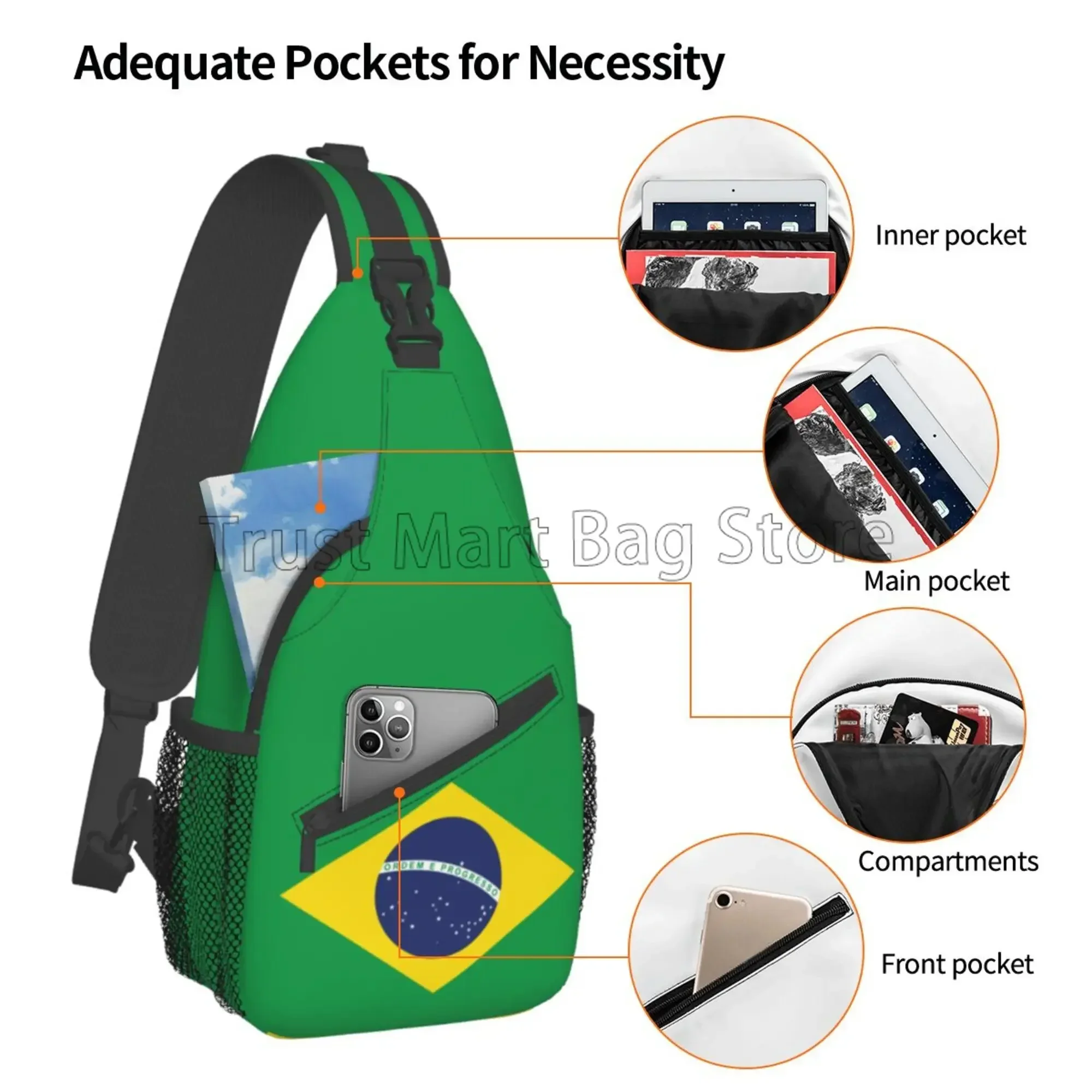 Brazilian Flag Print Chest Bags Brazil Flag Sling Bag Travel Hiking Sports Crossbody Backpack Lightweight Daypack for Men Women