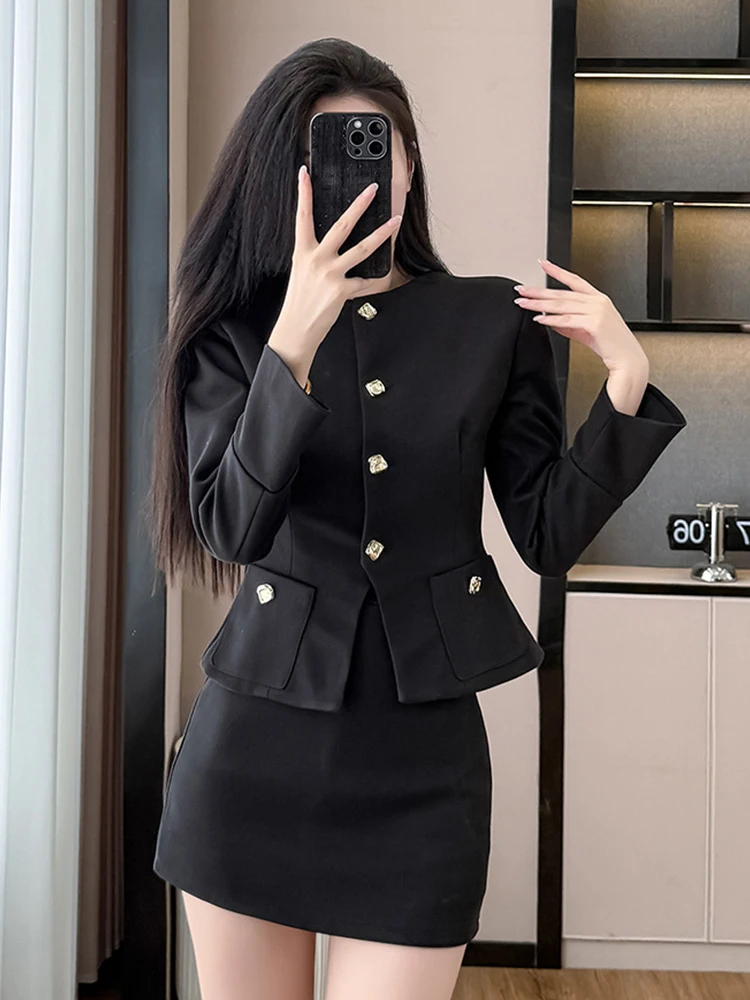 

Женская одежда Элегантный женский деловой черный комплект из 2-х предметов в стиле ретро с круглым вырезом Тонкие топы Пальто Блейзер Костюм и комплект с короткой юбкой-карандашом