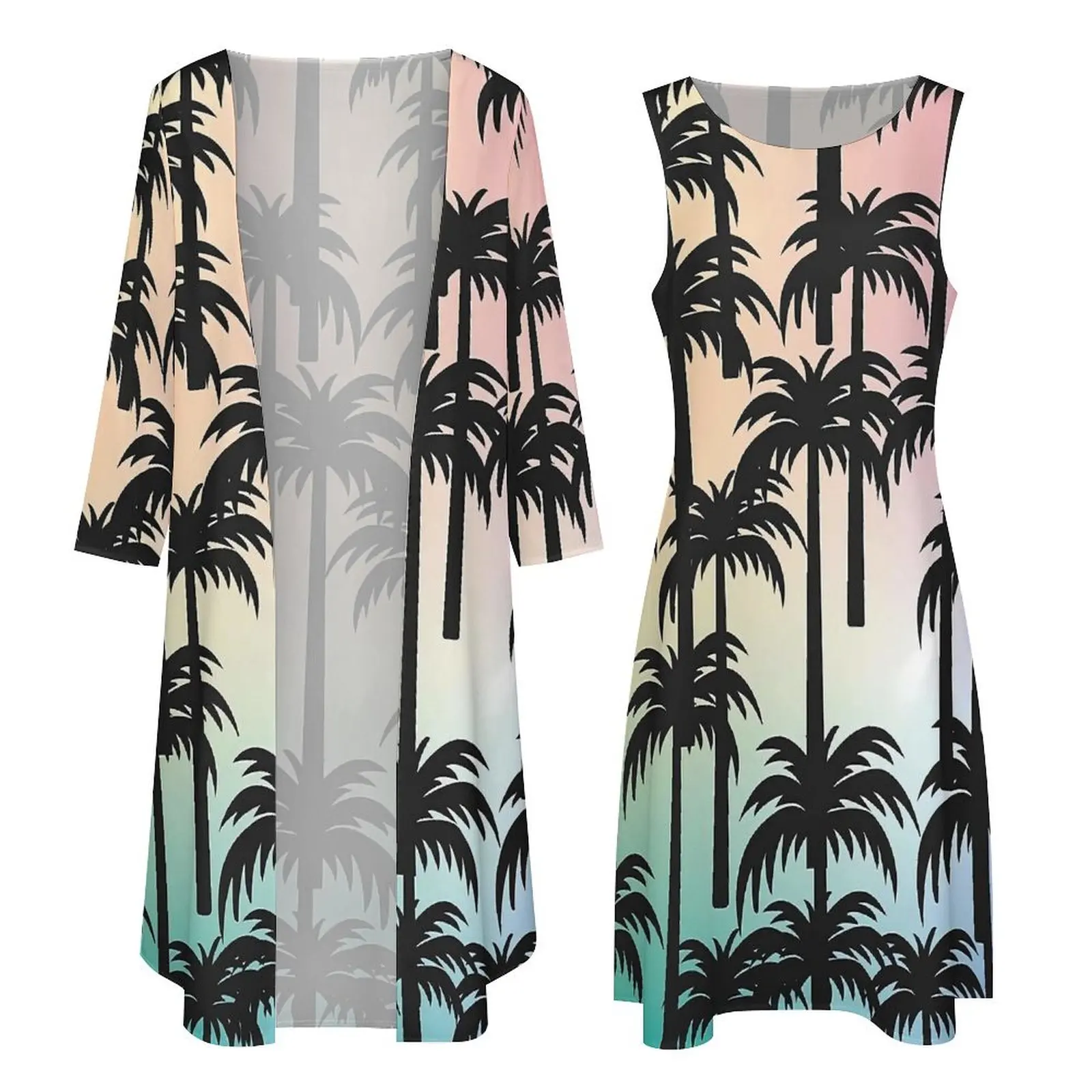 Rainbow Sunset Palm Trees ชุดแขนยาว Streetwear Boho Beach ชุดยาวผู้หญิง Maxi ชุดของขวัญวันเกิด