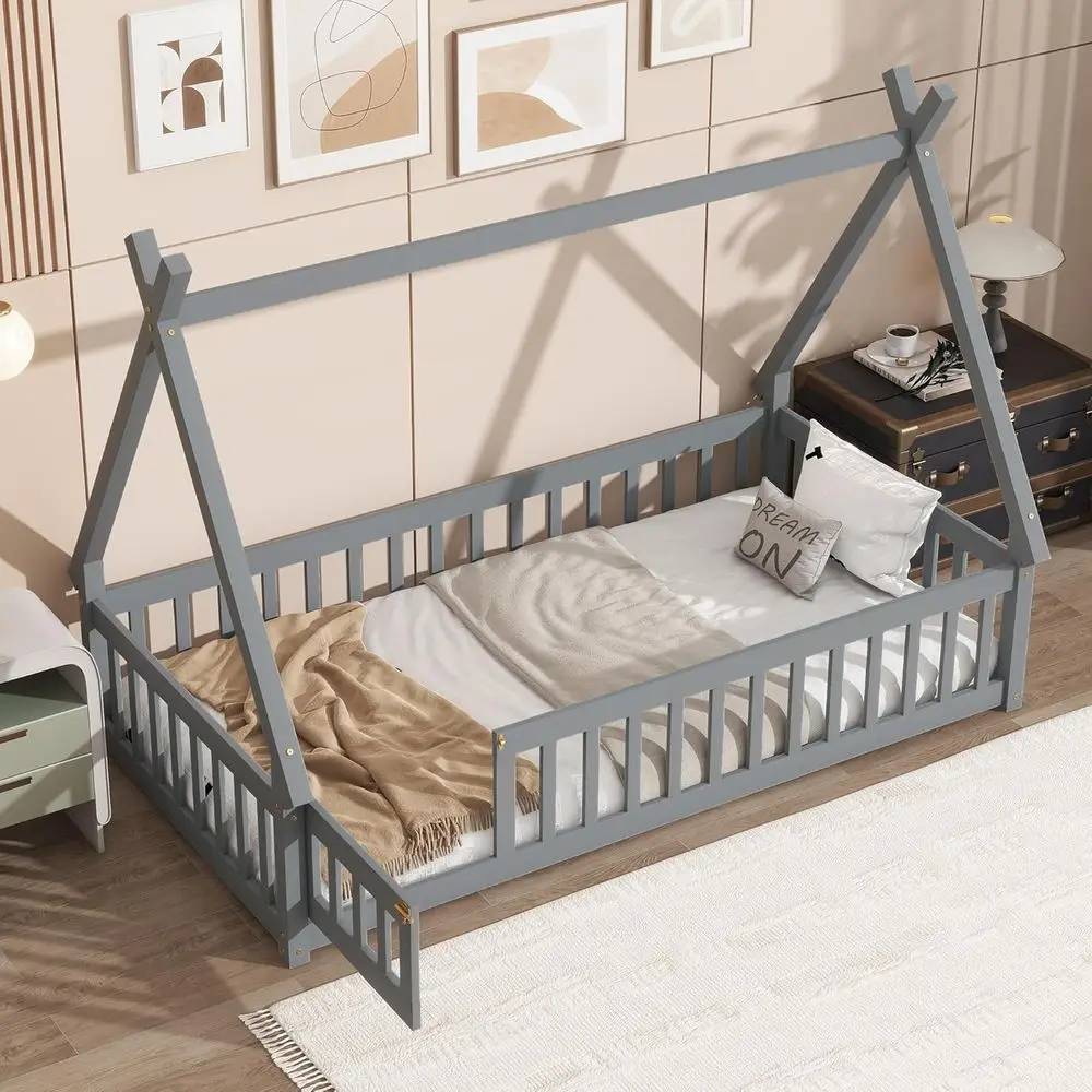 

Двухъярусная деревянная кровать размера Twin с боковыми ограждениями, ламелями и дверцей - подходит для девочек и мальчиков, серая