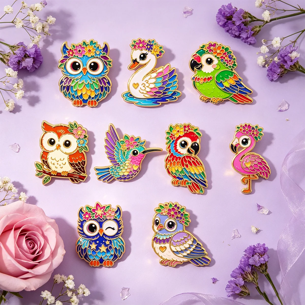 9-teiliges Set Bunte Blumen-Vogel-Eulen-Emaille-Pins Niedliche Papageien-Flamingo-Metall-Anstecknadeln Schmuck Kleidung Rucksack Accessoires Geschenke – Detail 5