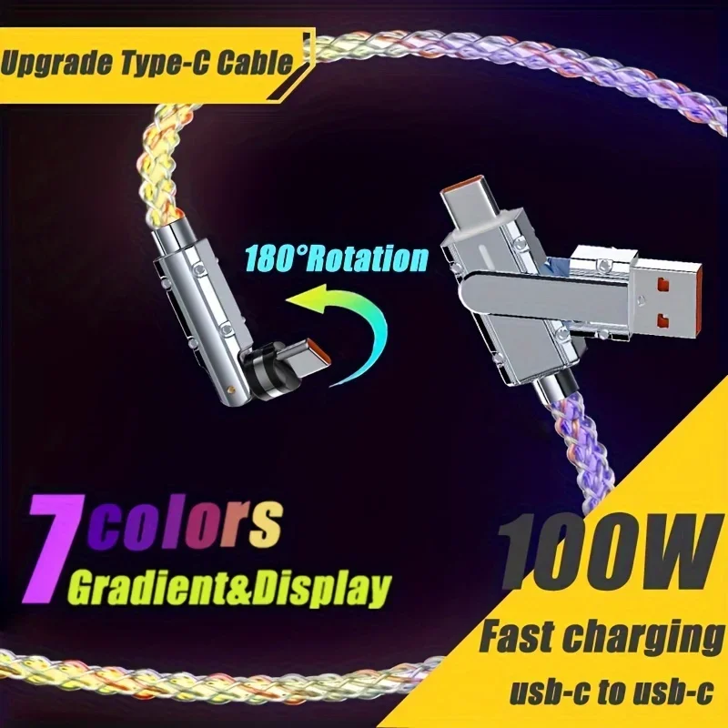 고속 충전 데이터 케이블, C타입 RGB 발광 540 도 회전, 7 가지 색상 그라데이션, 2 in 1, 100W, 6A