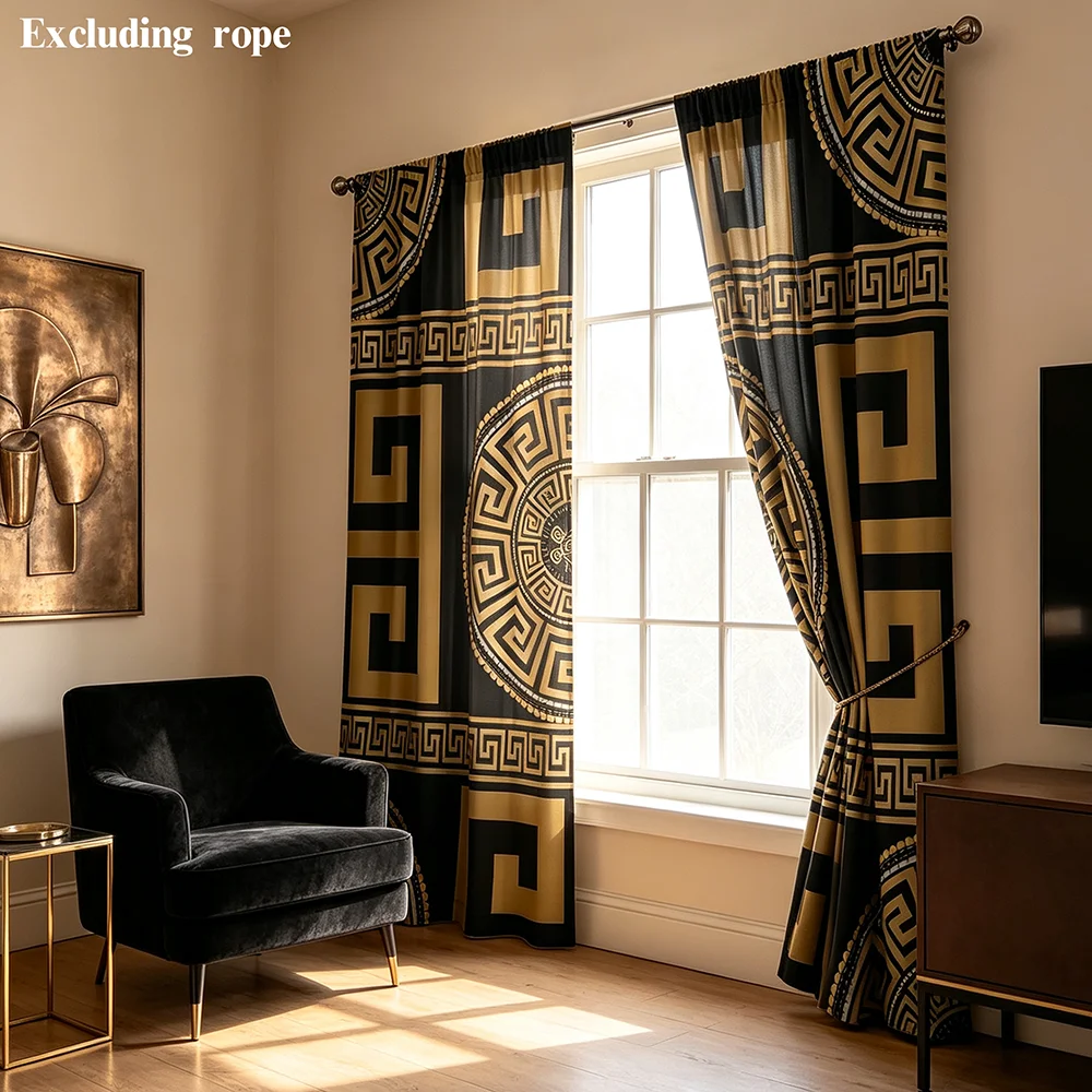 2PCS Greek Key Black Gold Medallion Print Curtains, Bedroom Living Room Window Drapes, Rod Pocket Polyester, Home Decor