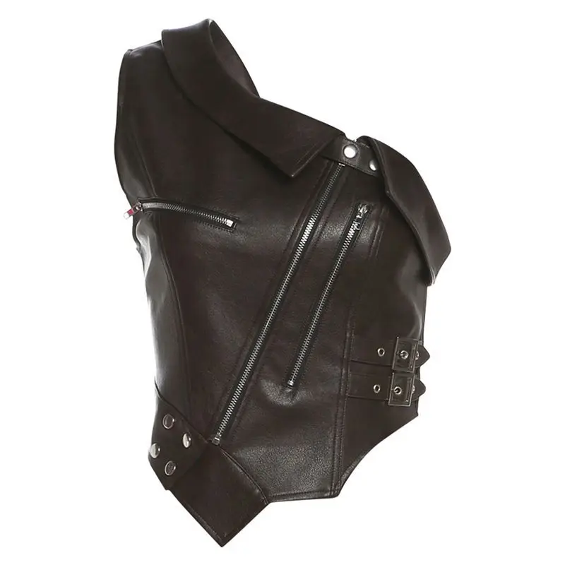 Y2K تصميم غير متماثل بولي Leather الجلود سستة مائل الكتف سترة ضيق الصيف دراجة نارية شعبية الحمالات المرأة كتل القمم