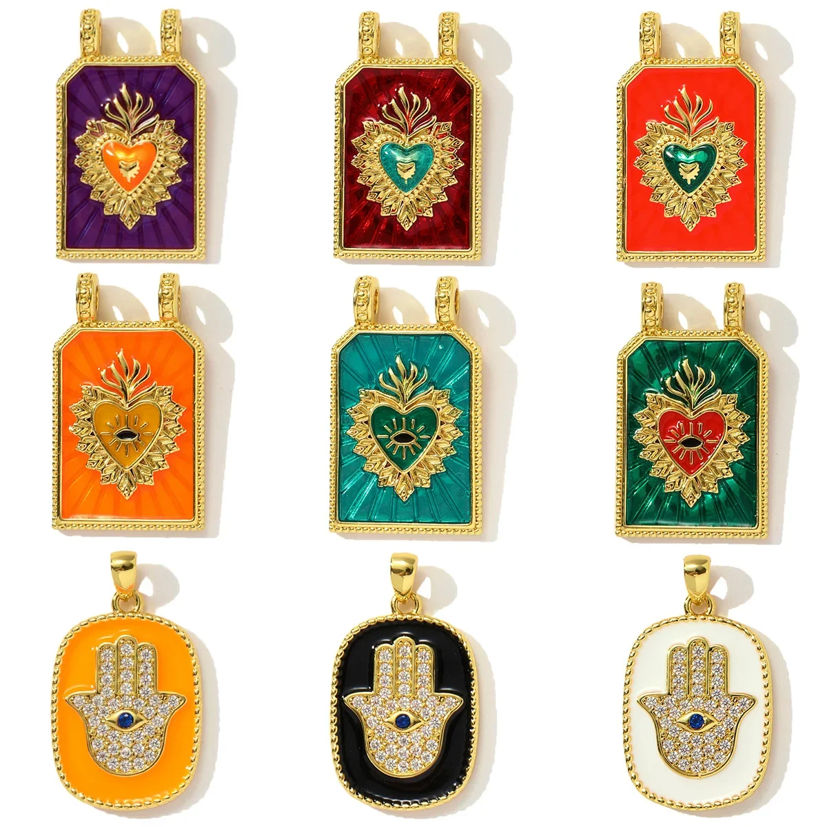 3pcs/Lot Copper Zircon Tarot Cards DIY Charms Enamel Heart Evil Eye Hand Pendants Women Necklace Making Jewelry Accessories