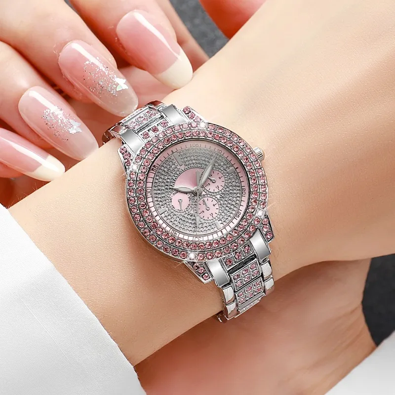 3PCS Luxury Rhinestone Women's Quartz Watch Elegant Diamond Jewelry Set Steel Ladies Wristwatch Reloj Mujer without Box