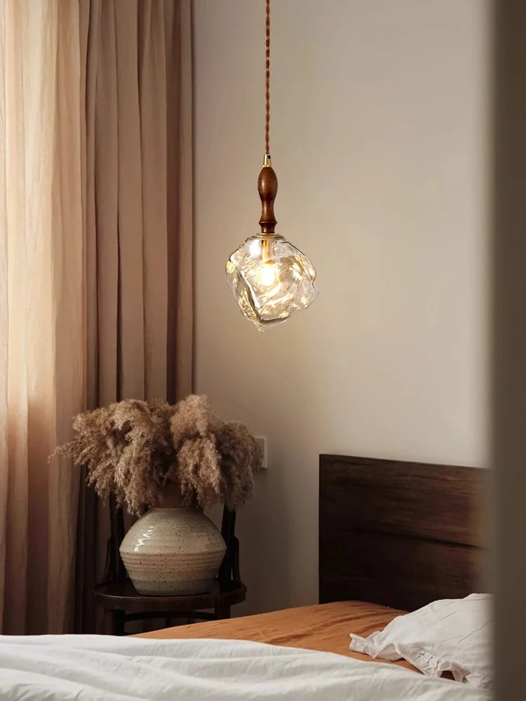 

Japanese-style log windbreaker small chandelier walnut wabi sandy wind eye protection single head glass lava retro dining room b