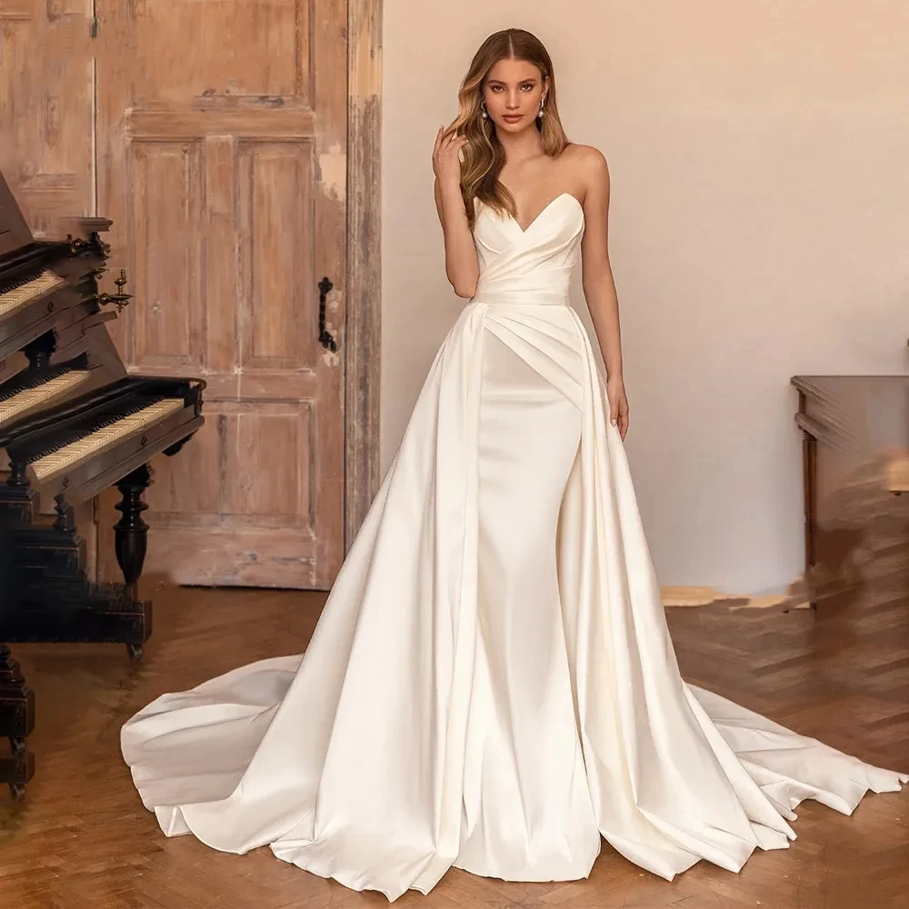 

Detachable Train Wedding Dresses Simple Satin Bridal Gowns 2024 Sweetheart Sleeveless Mermaid Pleat Robes Vestidos De Novia 2023