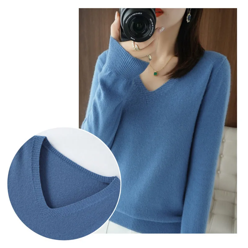 Women Sweater 2024 Spring Autumn Knitted Pullovers V-neck Slim Fit Bottoming Shirt Solid Soft Knitwear Jumpers Basic Sweaters